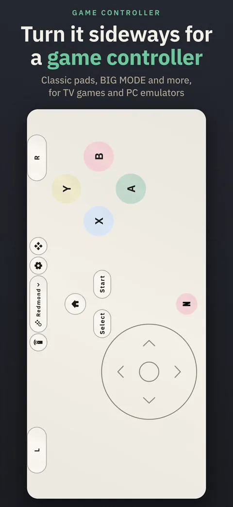 App Store screenshot: Turn it sideways for a game controller. The Redmond layout with colored A, B, X and Y buttons, a d-pad, and a Netflix button in a custom slot.