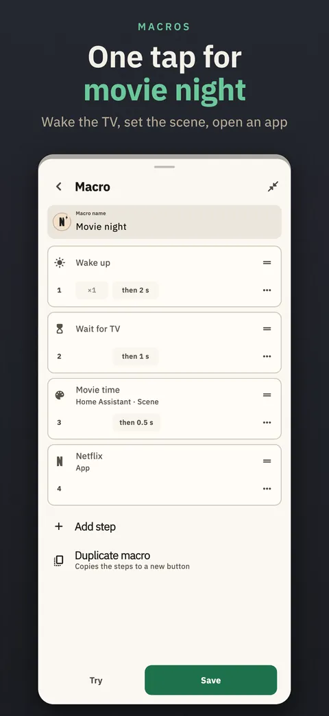 One tap for movie night: a macro that wakes the TV, waits for it, sets a Home Assistant scene and opens Netflix.